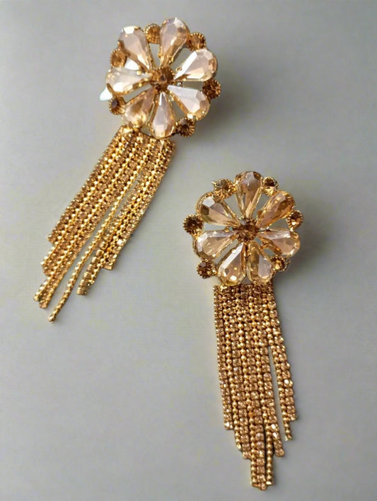 Golden Crystal Flower Tassel Earrings