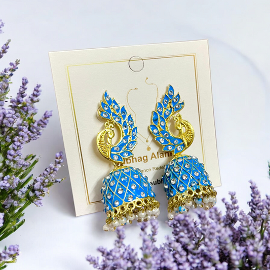 SubhagAlankar Blue Meenakari Peacock Jhumkas