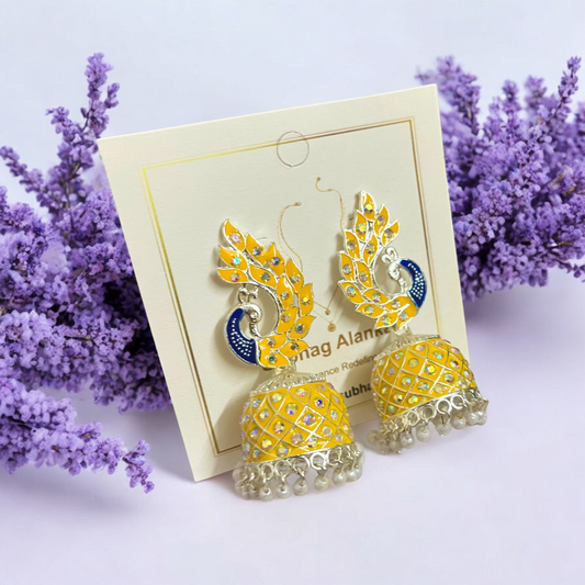 SubhagAlankar Yellow Meenakari Peacock Jhumkas