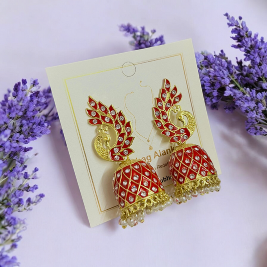 SubhagAlankar Red Meenakari Peacock Jhumkas