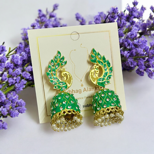 SubhagAlankar Green Meenakari Peacock Jhumkas