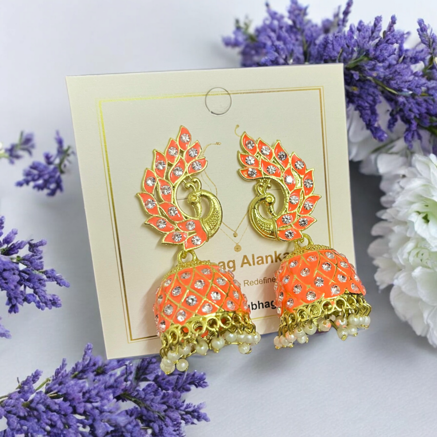 SubhagAlankar Orange Meenakari Peacock Jhumkas