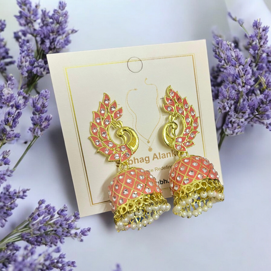 SubhagAlankar Peach Meenakari Peacock Jhumkas