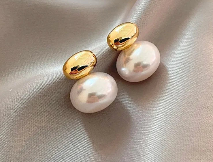 Elegant Gold Color Bean Spliced Flat Pearl Earrings