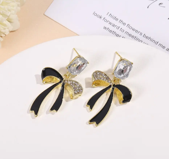 Rhinestone Decor Bow Drop Earrings