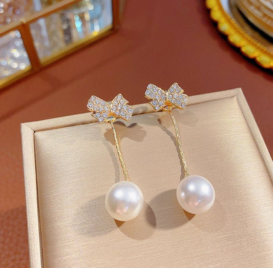 Bow Tie Long Pearl 14K Gold Plated Earring