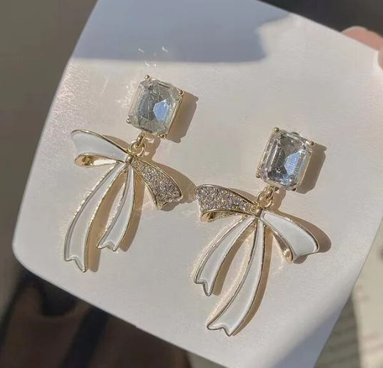 Rhinestone  Bow Drop Earrings (White)