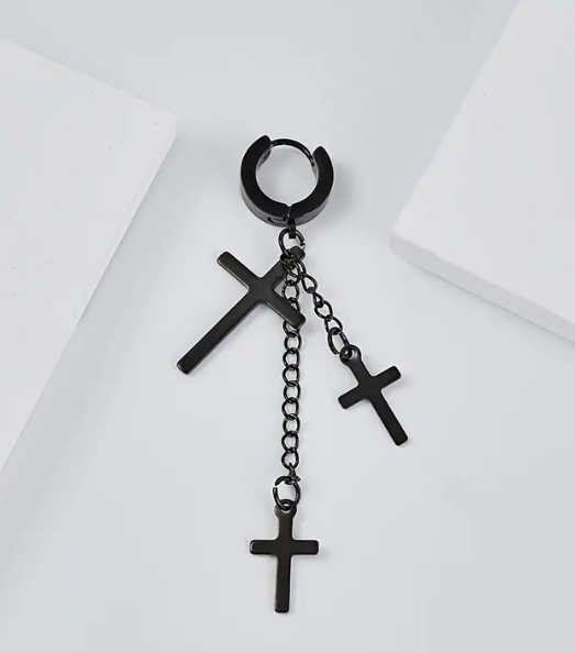 3 Cross Black Stainless Steel Earring for Men (one ear)