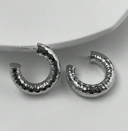 Hammered Silver Round Hoops