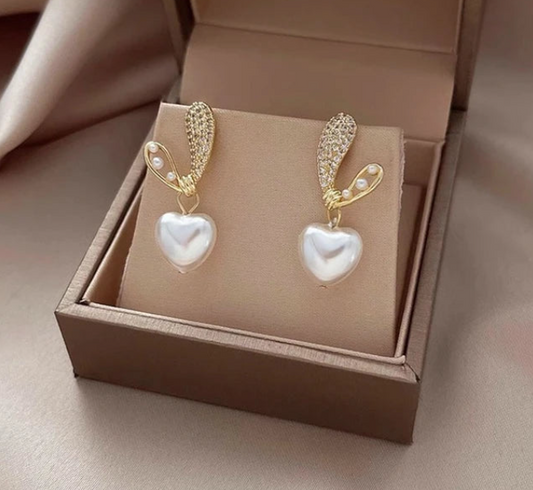 Crystal-Studded Heart Drop Earrings with Pearls