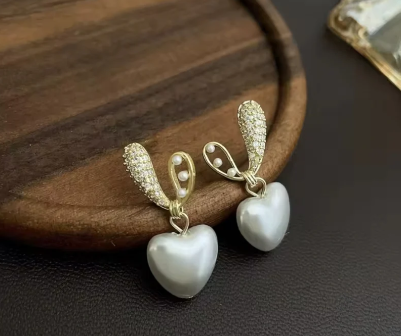 Crystal-Studded Heart Drop Earrings with Pearls