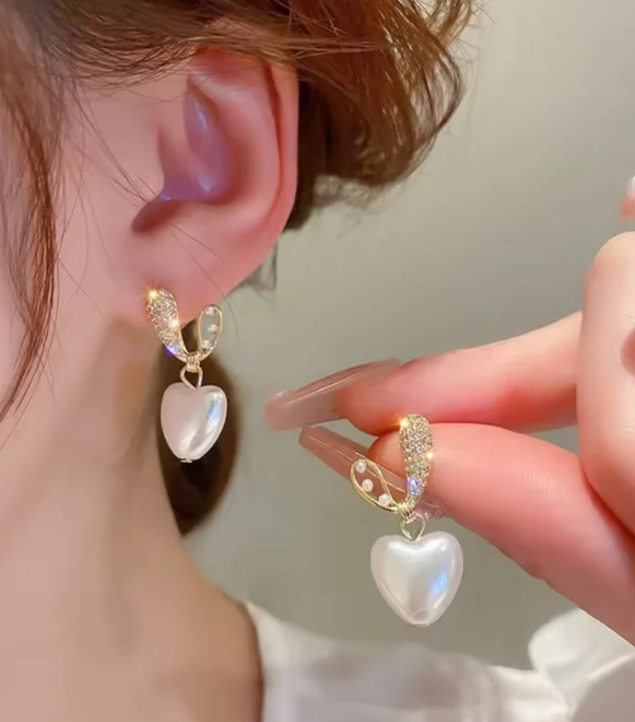 Crystal-Studded Heart Drop Earrings with Pearls