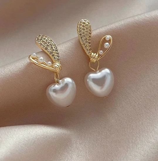 Crystal-Studded Heart Drop Earrings with Pearls