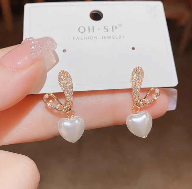 Crystal-Studded Heart Drop Earrings with Pearls