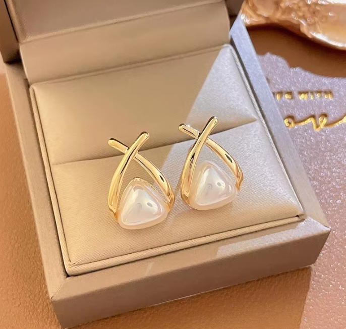 Triangular Cross Pearl Stud Earrings