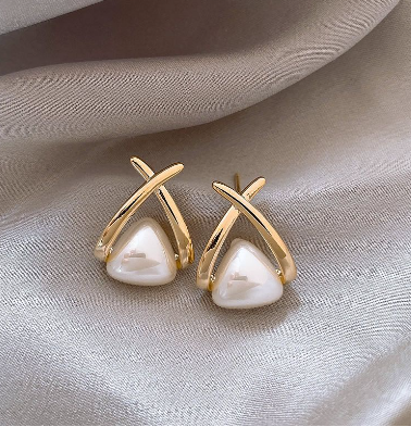 Triangular Cross Pearl Stud Earrings