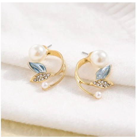 Delicate Leaf Pearl Stud Earrings