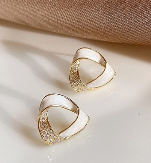 White Enamel Rhinestone Twist Earrings