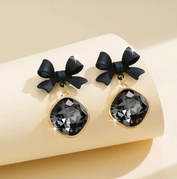 Elegant Black Bowknot Crystal Drop