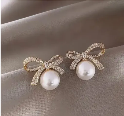 Golden Bow Pearl Stone Stud Earring