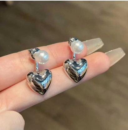 Korean Silver Heart Pearl Drop Earring