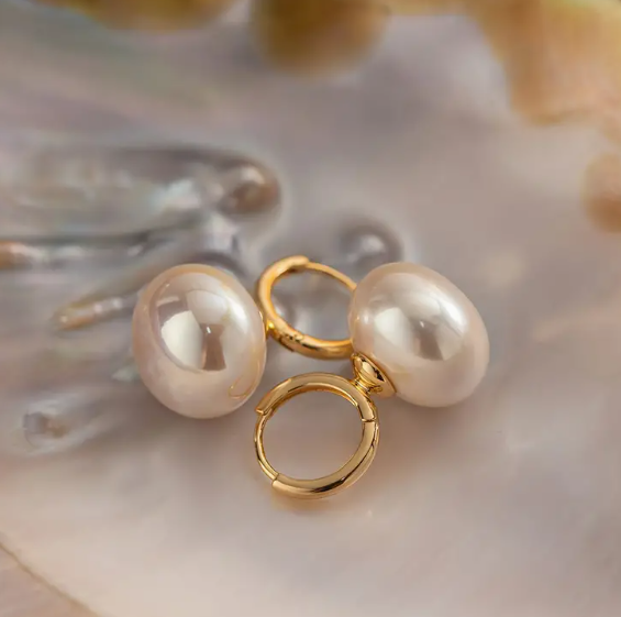 Gold Pearl Huggie Charm Earrings