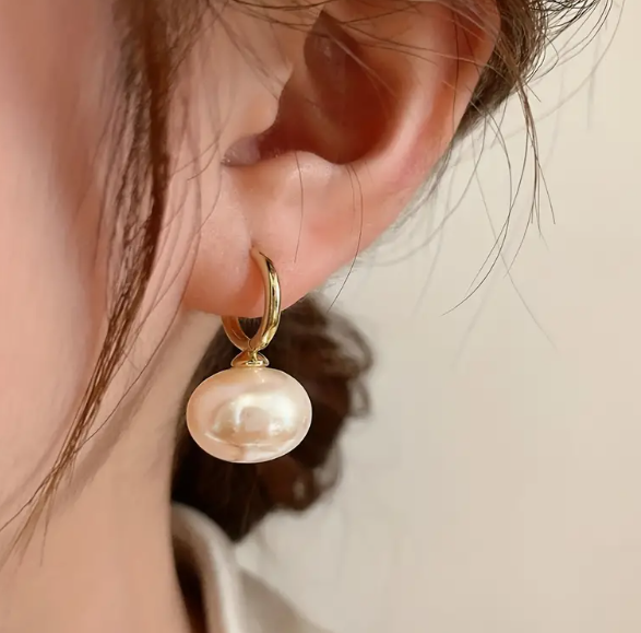 Gold Pearl Huggie Charm Earrings