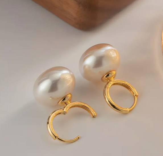 Gold Pearl Huggie Charm Earrings