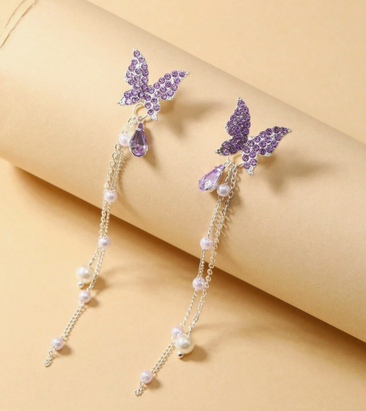 Lilac Crystal Butterfly Chain Earrings