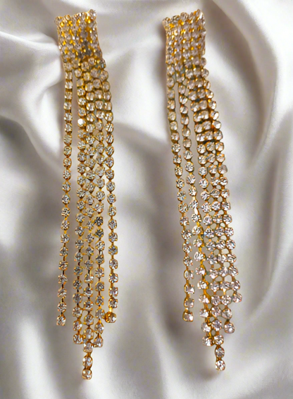 Gold Plated Rhinestone Long Tassel Earrings - SubhagAlankar
