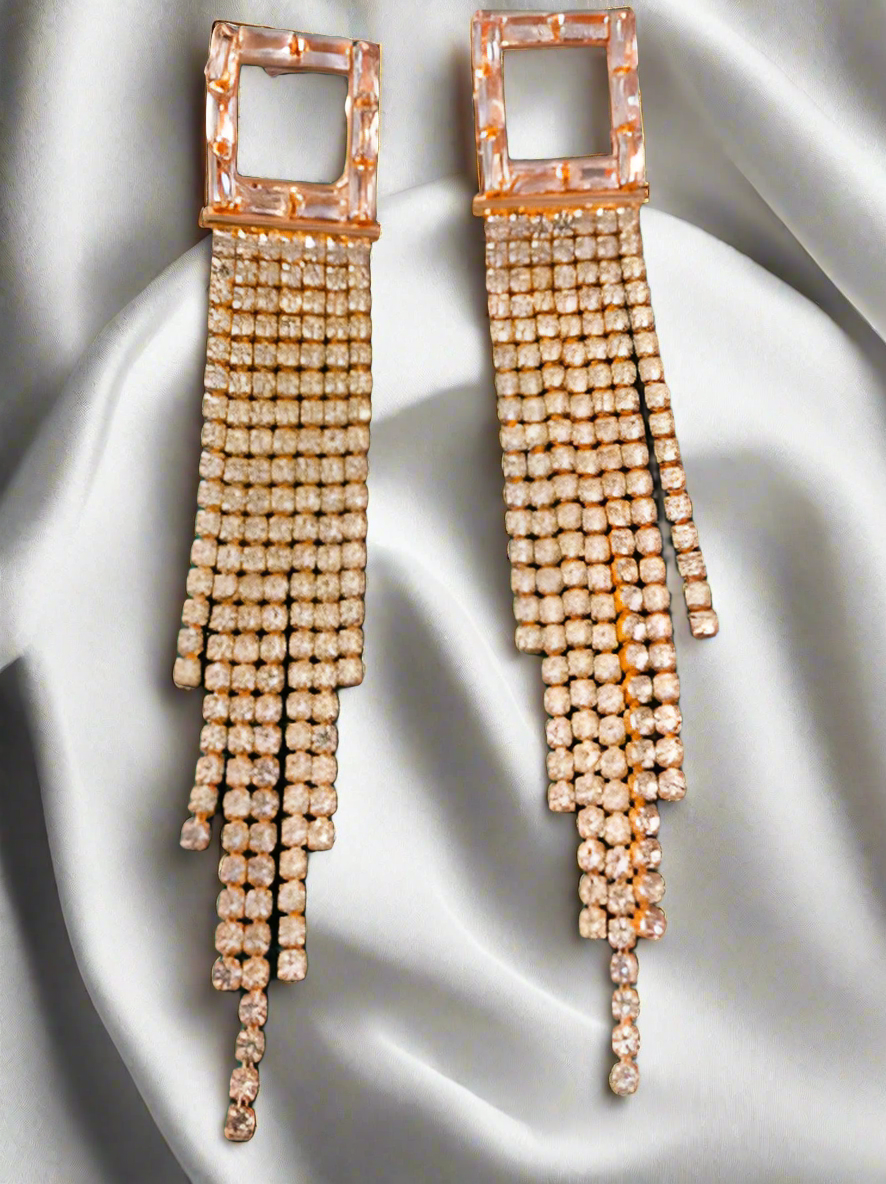 Rhinestone Long Square Tassel Earrings -Rose Gold