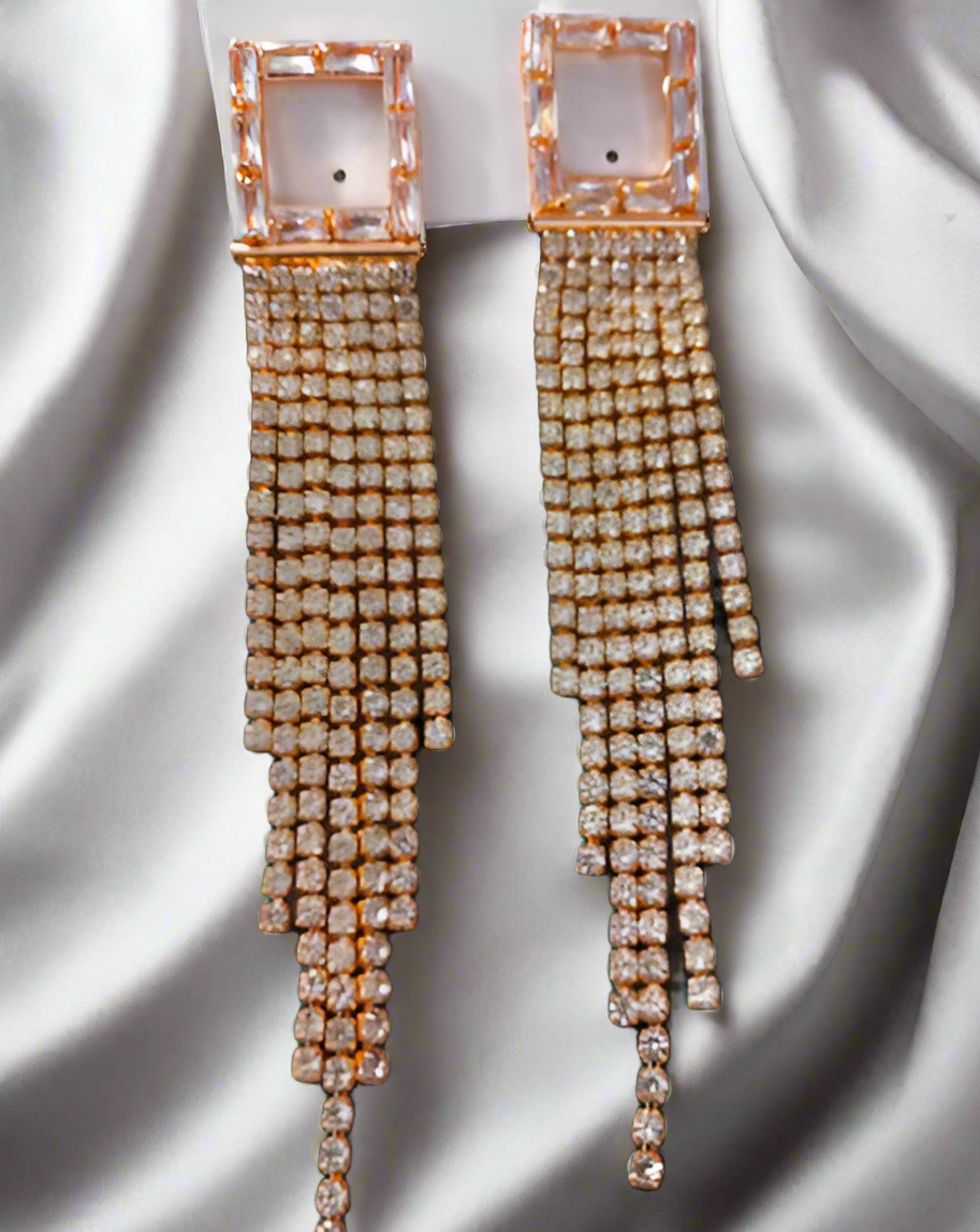 Rhinestone Long Square Tassel Earrings -Rose Gold