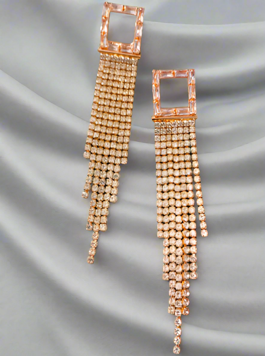 Rhinestone Long Square Tassel Earrings -Rose Gold