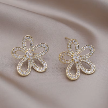 Rhinestone Hollow Flower Petal Earrings-GOLD