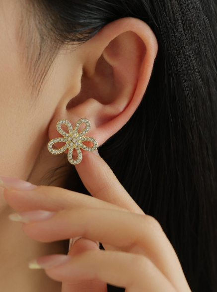 Rhinestone Hollow Flower Petal Earrings-GOLD