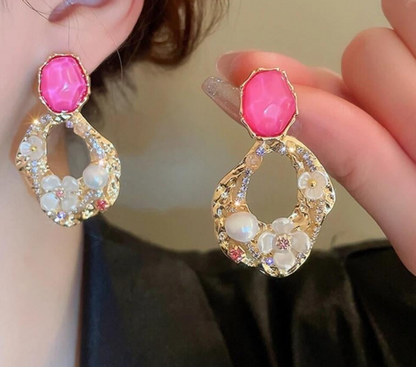 Elegant Pink Gem Floral Drop Earring - SubhagAlankar