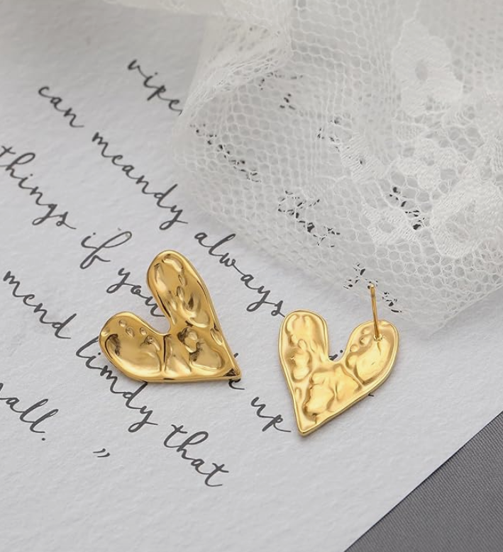 Hammered Heart Gold Earrings