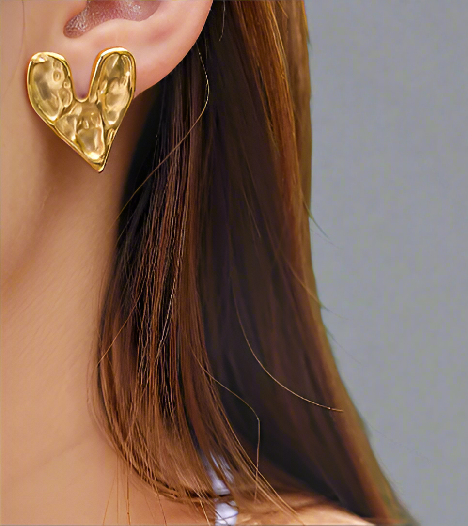 Hammered Heart Gold Earrings