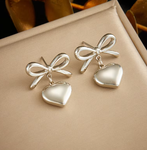 Elegant Silver Bow Heart Drop Earring