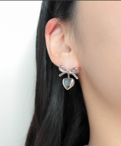 Elegant Silver Bow Heart Drop Earring