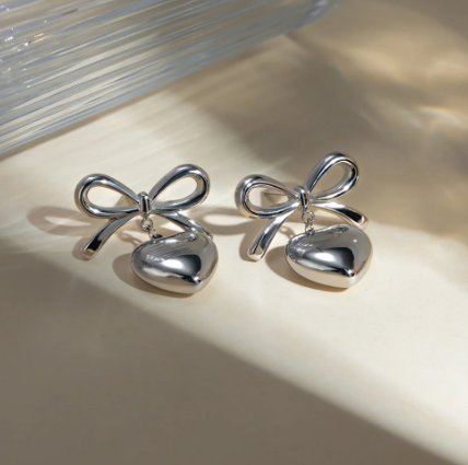 Elegant Silver Bow Heart Drop Earring