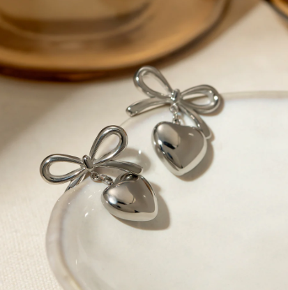 Elegant Silver Bow Heart Drop Earring