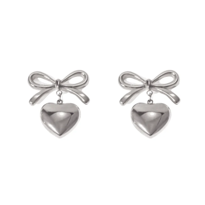 Elegant Silver Bow Heart Drop Earring