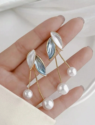 Ari's Blue Leaf Pearl Dangle Earrings (Copy)