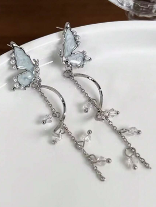 Silver Plated  Long Butterfly Tassel Earrings