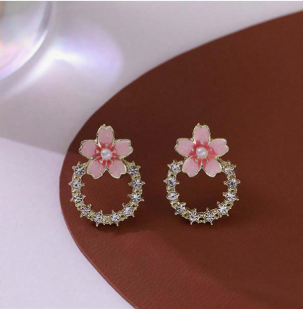 Pink Floral Crystal Round Studs