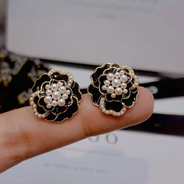 Black Enamel Rose Stud