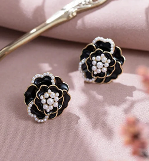 Black Enamel Rose Stud