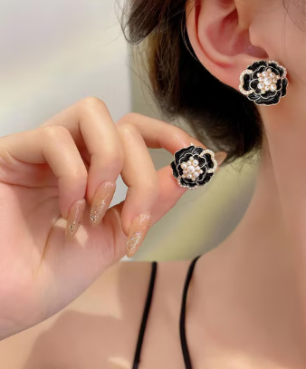 Black Enamel Rose Stud