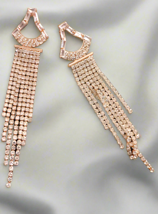 Rhinestone Triangular Long Tassel Earrings - Rose Gold